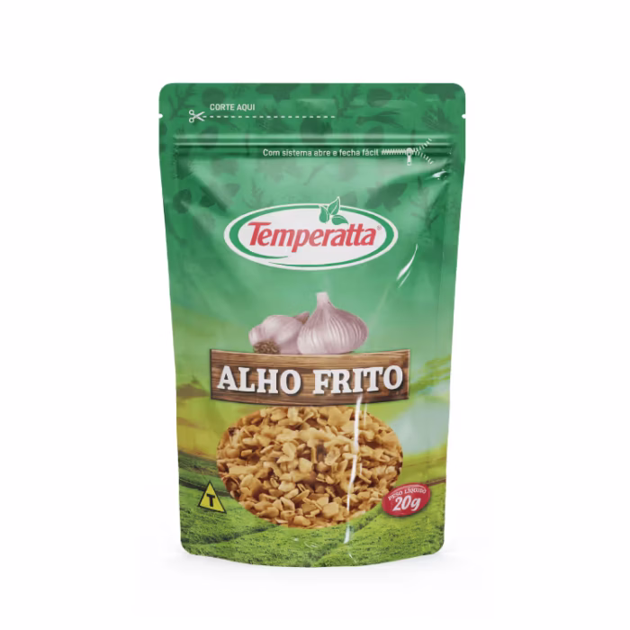 Alho frito Temperatta 20g Alho frito crocante Temperatta em embalagem Stand Up Pouch prática