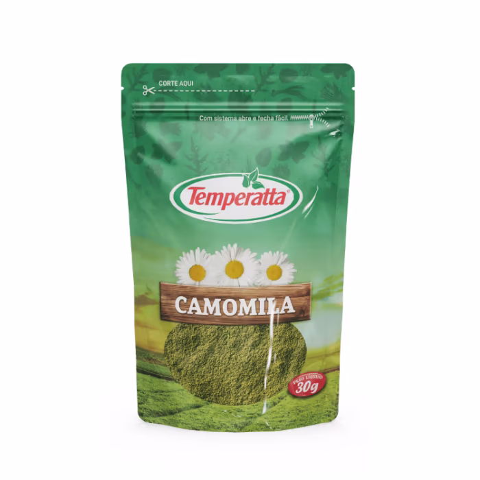 Flores de camomila desidratadas para chá Temperatta em embalagem pouch.