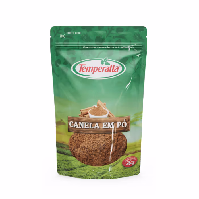 Canela em Pó Temperatta 20g Canela em pó pura Temperatta em embalagem pouch para preservação de aroma.