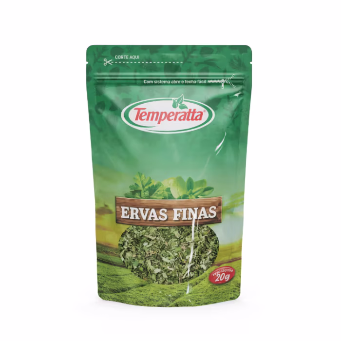 Mistura de ervas finas desidratadas Temperatta em embalagem Stand Up Pouch.