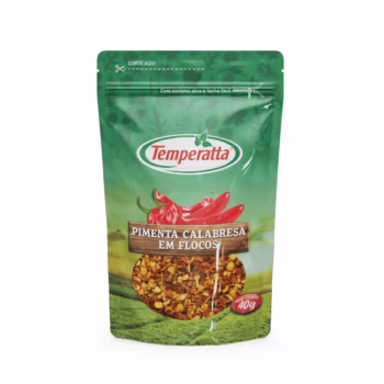 Pimenta calabresa em flocos Temperatta em embalagem pouch abre e fecha.
