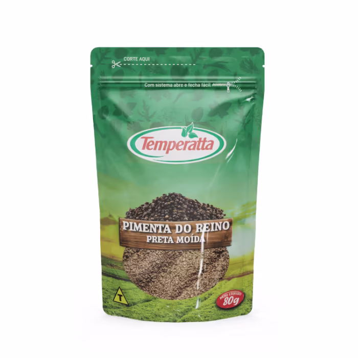 Pimenta do reino preta moída Temperatta em embalagem Stand Up Pouch 80g