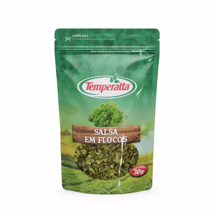 Salsa em Flocos 30g Salsa desidratada em flocos Temperatta em embalagem pouch abre e fecha.
